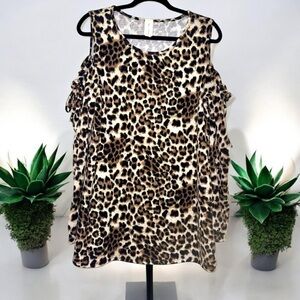 Now N Forever Black Brown Leopard Long Sleeve Blouse with Cold Shoulder 1X